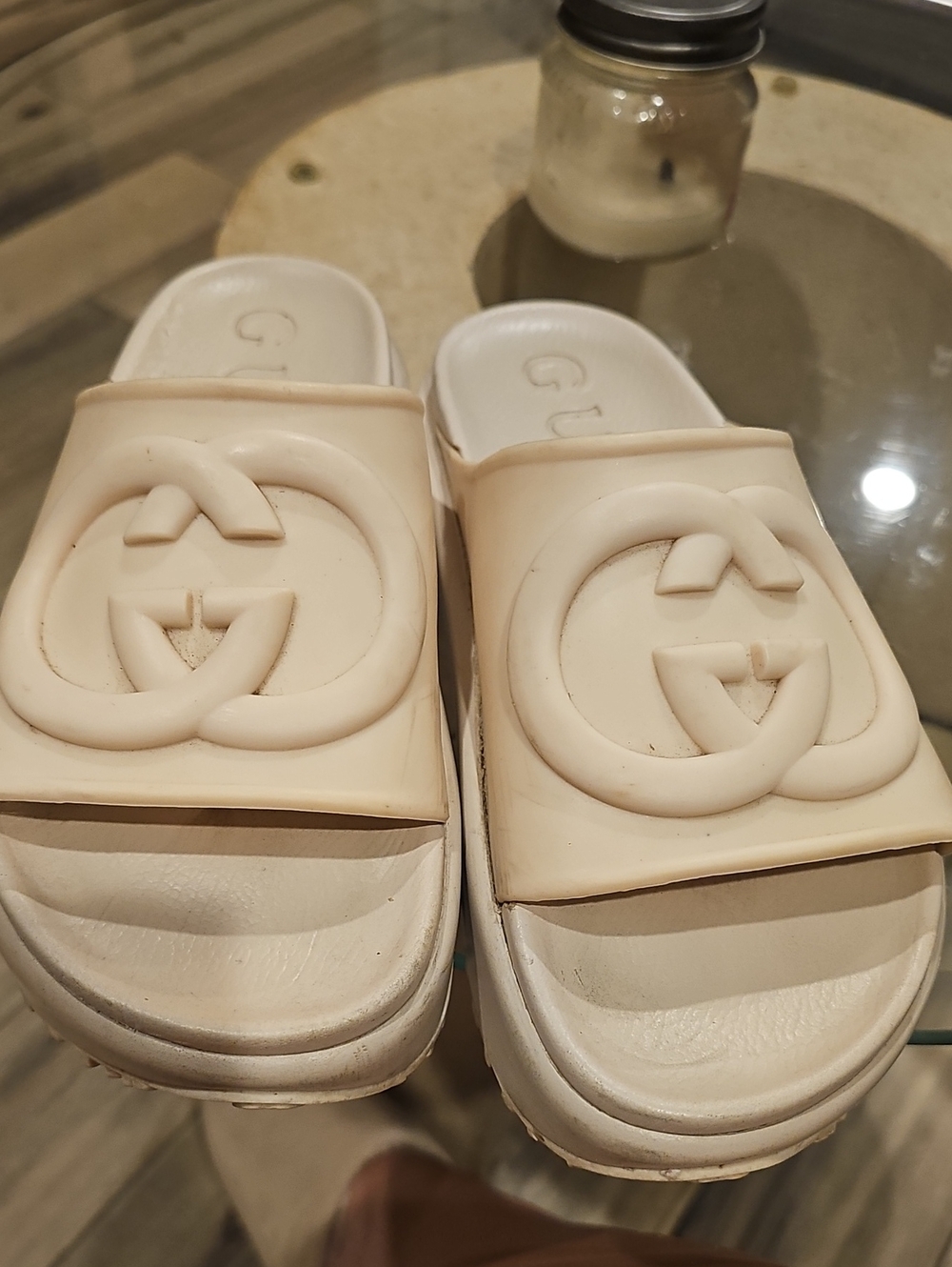 Gucci Cream Platform Logo Slide Mules